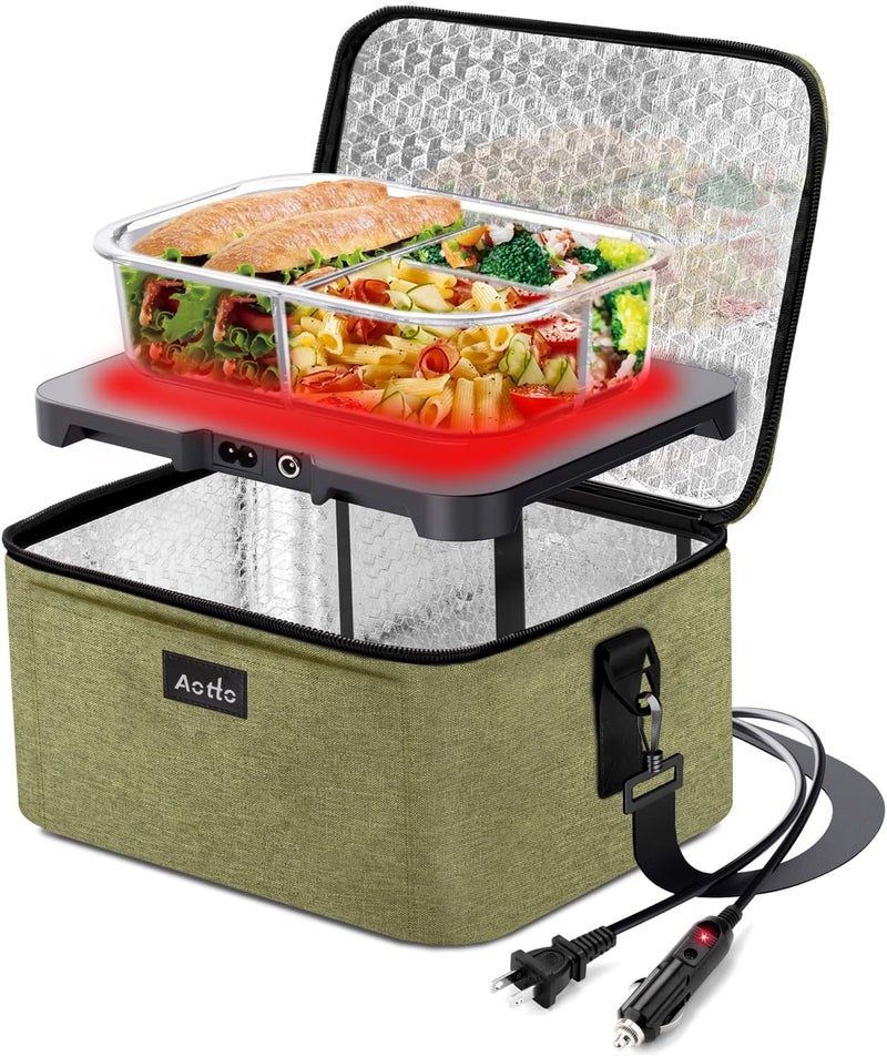 Aotto Portable Oven, Electric Lunch Box Food Heater - 12V/24V/110V 3-in-1 Car Food Warmer - Heated Lunch Box for Adults - Cook, Reheat & Keep Meals Warm for Car, Truck, Travel, Work, Home - Green - Image 1